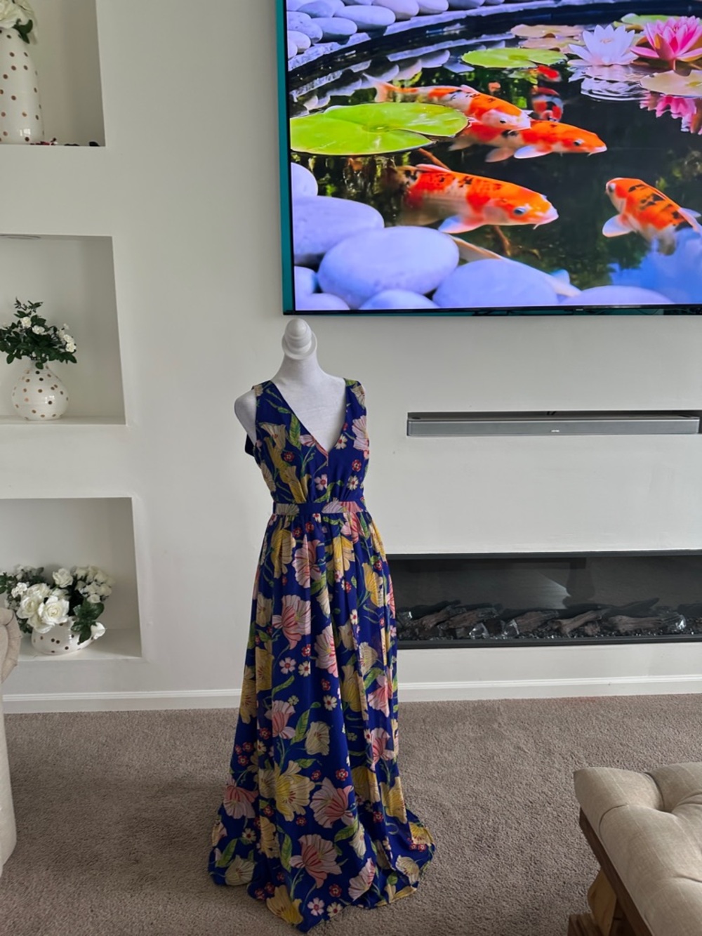 Modcloth Navy Floral V-Neck Maxi Dress with Yellow and Pink Blooms